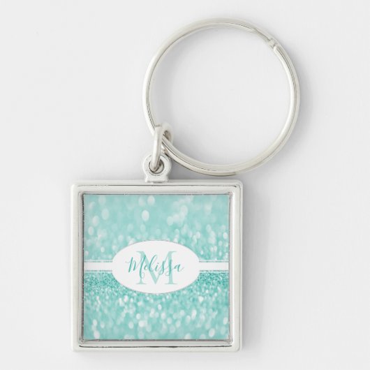Blauwgroen Glitter Personaliseer Sleutelhanger (Voorkant)