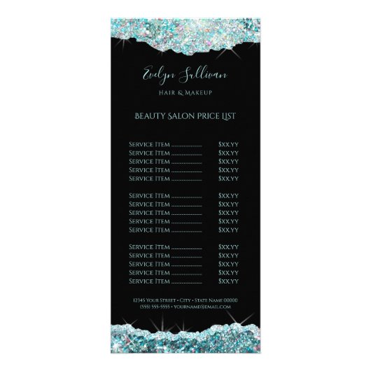 blauwgroen glitter-prijslijst met een mousserende  reclamekaart (Voorkant)