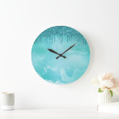 Blauwgroen Glitter Rain op Luxury Metal Marble Grote Klok (Huis)