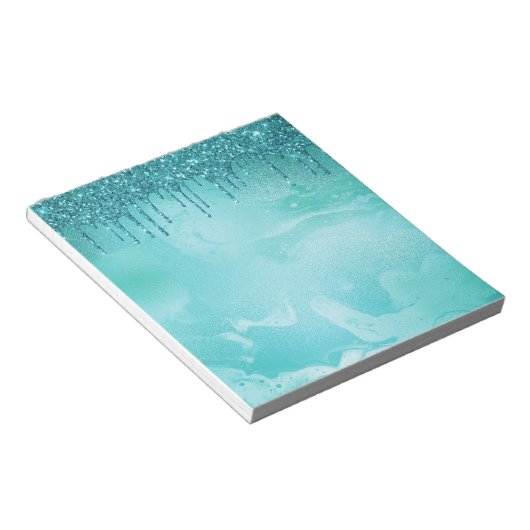 Blauwgroen Glitter Rain op Luxury Metal Marble Notitieblok (Schuin)