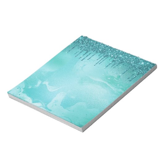 Blauwgroen Glitter Rain op Luxury Metal Marble Notitieblok (Linkerzijde)
