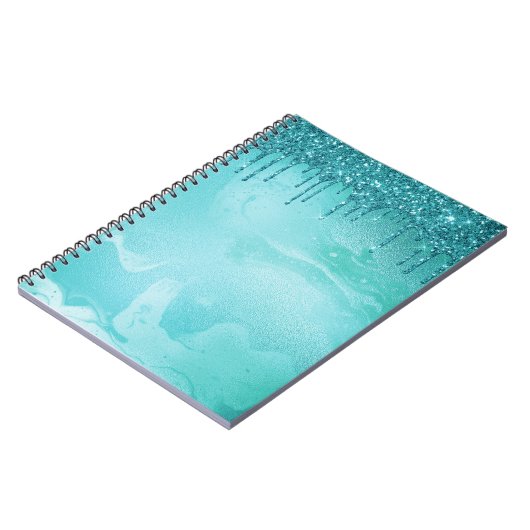 Blauwgroen Glitter Rain op Luxury Metal Marble Notitieboek (Linkerzijde)