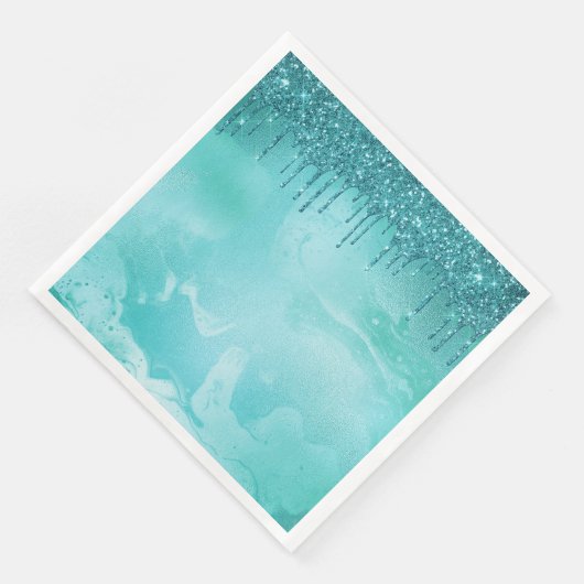 Blauwgroen Glitter Rain op Luxury Metal Marble Servet (Hoek)