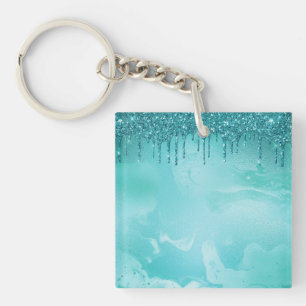 Blauwgroen Glitter Rain op Luxury Metal Marble Sleutelhanger
