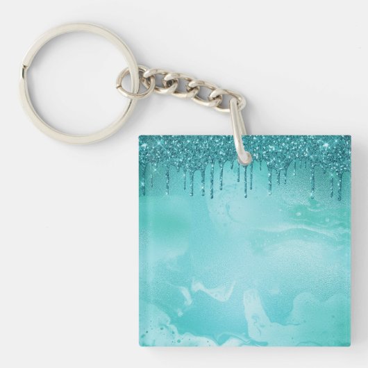 Blauwgroen Glitter Rain op Luxury Metal Marble Sleutelhanger (Voorkant)