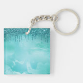 Blauwgroen Glitter Rain op Luxury Metal Marble Sleutelhanger (Achterkant)