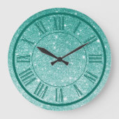 Blauwgroen Glitter Roman Numeral Sparkle Girly Grote Klok (Voorkant)