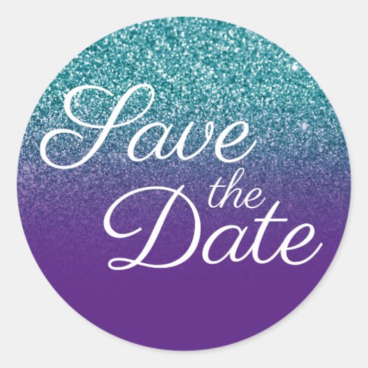 Blauwgroen Glitter Royal Paars Ombre Save the Date Ronde Sticker (Voorkant)