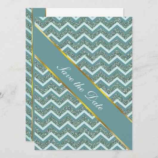 Blauwgroen glitter save the date (Voorkant / Achterkant)