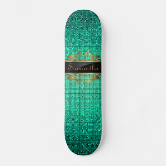 Blauwgroen Glitter Sequin Disco Glitz Comp Skatebo Persoonlijk Skateboard (Voorkant)