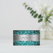 Blauwgroen Glitter Sparkle Stars Silver Decor Init Visitekaartje (Staand voorkant)
