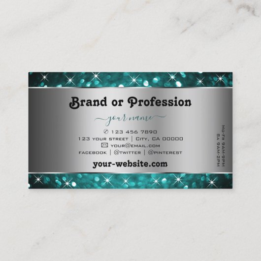 Blauwgroen Glitter Sparkle Stars Silver Decor Supe Visitekaartje (Achterkant)