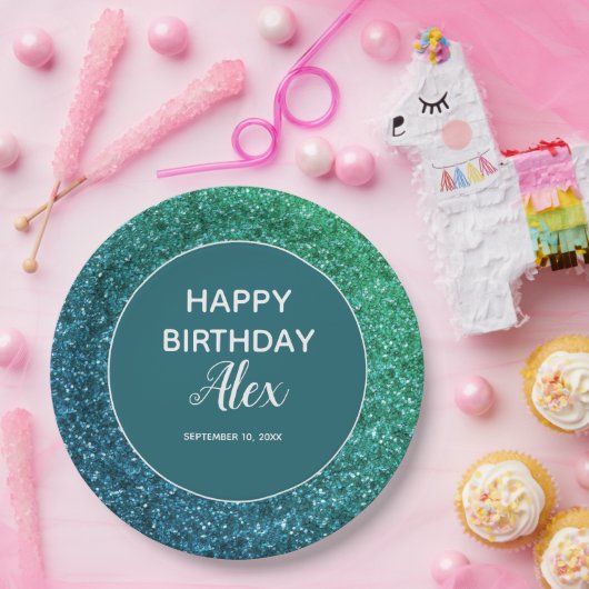 Blauwgroen Glitter Surprise Birthday Party Papieren Bordje (Feest)