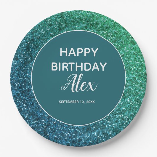 Blauwgroen Glitter Surprise Birthday Party Papieren Bordje (Voorkant)