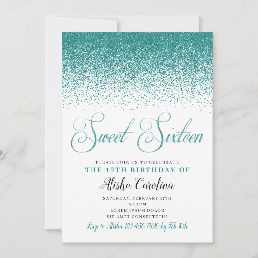 Blauwgroen Glitter Sweet Sixteen verjaardagsuitnod Kaart (Voorkant)