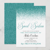Blauwgroen Glitter Sweet Sixteen verjaardagsuitnod Kaart (Voorkant / Achterkant)