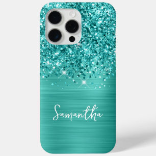 Blauwgroen Glitter Turquoise Glam Naam iPhone 15 Pro Max Hoesje