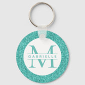 Blauwgroen Glitter Turquoise Monogram Sleutelhange Sleutelhanger (Voorkant)