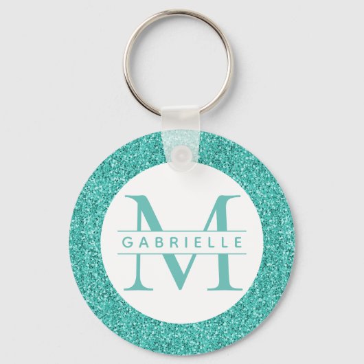 Blauwgroen Glitter Turquoise Monogram Sleutelhange Sleutelhanger (Voorkant)