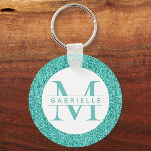 Blauwgroen Glitter Turquoise Monogram Sleutelhange Sleutelhanger (Voorkant)