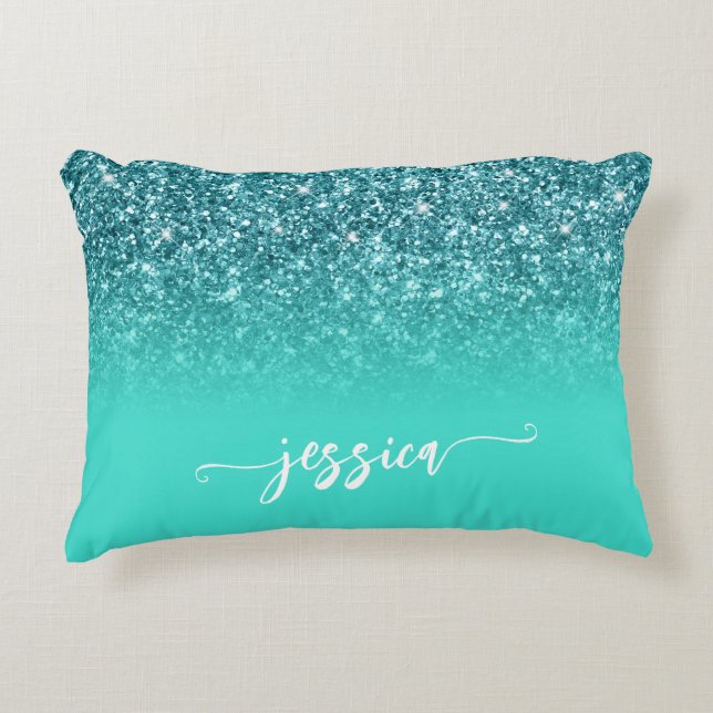 Blauwgroen Glitter Turquoise Ombre Modern Script Accent Kussen (Voorkant)