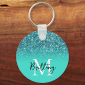 Blauwgroen Glitter Turquoise Ombre Monogrammed Sleutelhanger (Voorkant)
