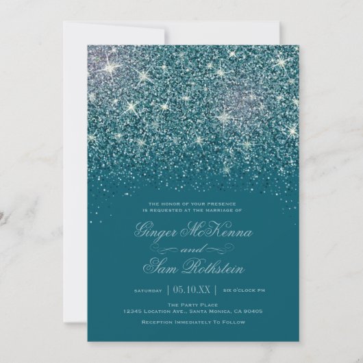 Blauwgroen Glitter Wedding-uitnodigingen Kaart (Voorkant)