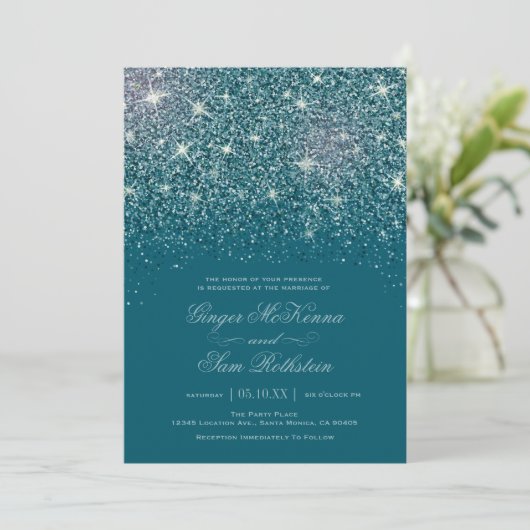 Blauwgroen Glitter Wedding-uitnodigingen Kaart (Staand voorkant)