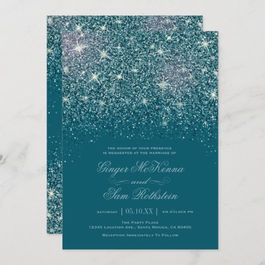Blauwgroen Glitter Wedding-uitnodigingen Kaart (Voorkant / Achterkant)