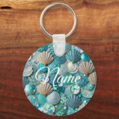 Blauwgroen glitterachtige zeemeerminprint met zees sleutelhanger (Voorkant)