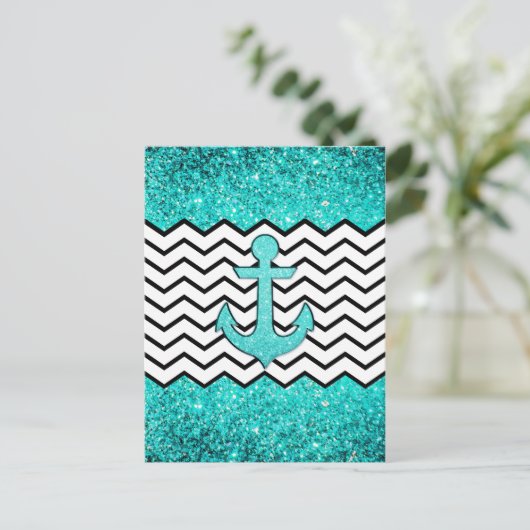 Blauwgroen glitteranker en chevron briefkaart (Staand voorkant)