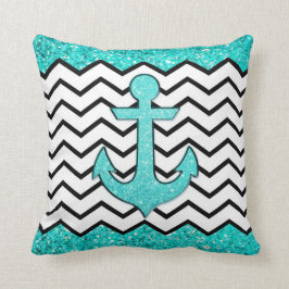 Blauwgroen glitteranker en chevron kussen