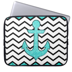 Blauwgroen glitteranker en chevron laptop sleeve