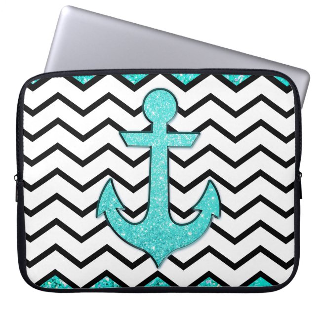 Blauwgroen glitteranker en chevron laptop sleeve (Voorkant)