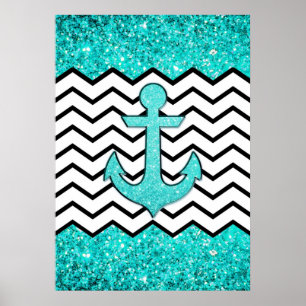 Blauwgroen glitteranker en chevron poster