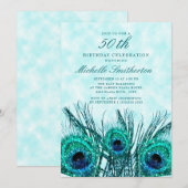 Blauwgroen Glittery Blue Peacock Feathers 50th Kaart (Voorkant / Achterkant)