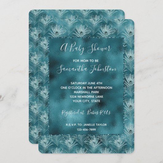 Blauwgroen Glitzy Glam Peacock Feathers Kaart (Voorkant / Achterkant)