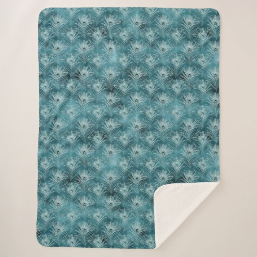 Blauwgroen Glitzy Glam Peacock Feathers Sherpa Deken (Voorkant)