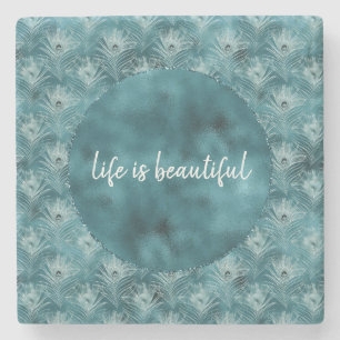 Blauwgroen Glitzy Glam Peacock Feathers Stenen Onderzetter