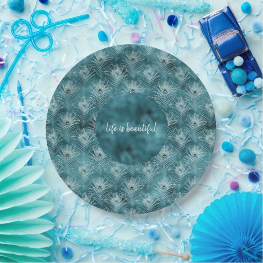 Blauwgroen Glitzy Glam Peacock Papieren Bordje (Feest)