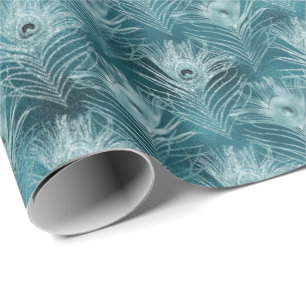Blauwgroen Glitzy Peacock Feathers Cadeaupapier