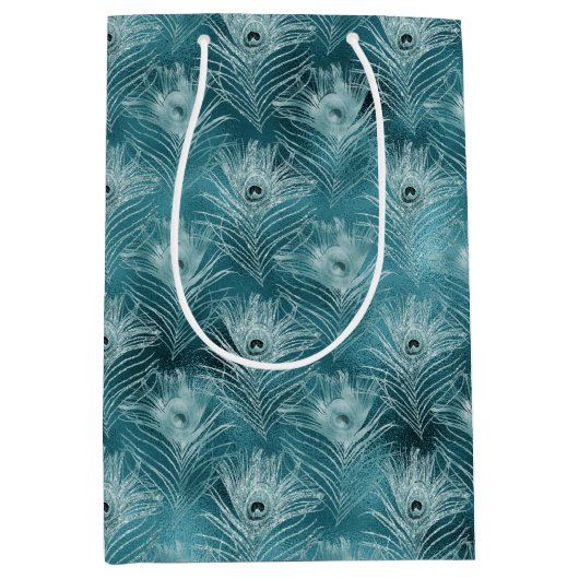 Blauwgroen Glitzy Peacock Feathers Medium Cadeauzakje (Voorkant)