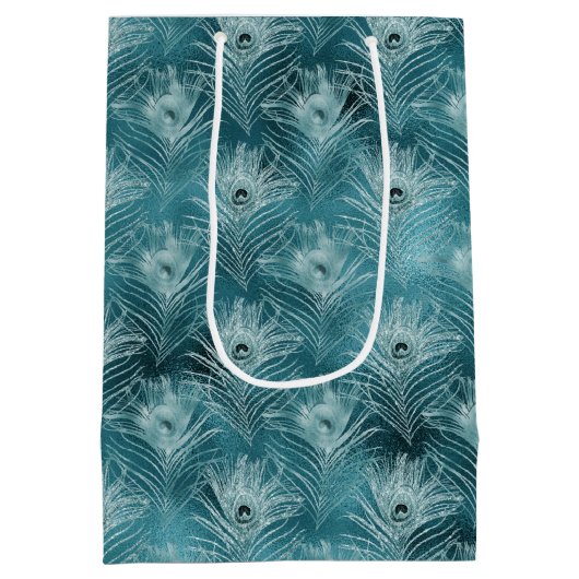 Blauwgroen Glitzy Peacock Feathers Medium Cadeauzakje (Achterkant)