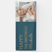 Blauwgroen Gold 50th Birthday Any Age Naam Foto Spandoek (Verticaal)