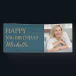 Blauwgroen Gold 50th Birthday Any Age Naam Foto Spandoek<br><div class="desc">Gepersonaliseerd blauwgroen en gouden verjaardagsfeestje aangepaste foto banner voor de 50ste verjaardag van een vrouw. Deze sjabloon is zo ontworpen dat u alle tekst kunt wijzigen, waardoor het perfect is voor een feest dat elke leeftijd viert. Neem contact met mij op voor hulp bij uw aanpassingen of om extra matching...</div>