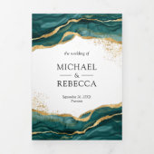 Blauwgroen Gold Abstract Ink QR Code Weddenschap Drieluik Uitnodiging (Cover)