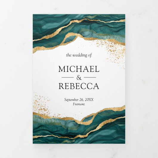 Blauwgroen Gold Abstract Ink QR Code Weddenschap Drieluik Uitnodiging (Cover)