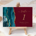 Blauwgroen Gold Agaat Bourgondië bruiloft Kaart<br><div class="desc">De linkerkant van deze elegante moderne bruidstafelnummerkaart is voorzien van een blauwgroen blauw waterverf agaatrand afgesneden met faux gouden glitter. De aanpasbare tekst combineert goudkleurig handschrift,  cursief en koperplaat lettertypen op een bordeaux rode achtergrond.</div>
