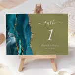 Blauwgroen Gold Agaat Olijf Groen Bruiloft Kaart<br><div class="desc">De linkerkant van deze elegante moderne bruidstafelnummerkaart is voorzien van een blauwgroen blauw waterverf agaatrand afgesneden met faux gouden glitter. De aanpasbare tekst combineert ivoor handschrift,  cursief en koperplaat lettertypen op een olijfgroene achtergrond.</div>