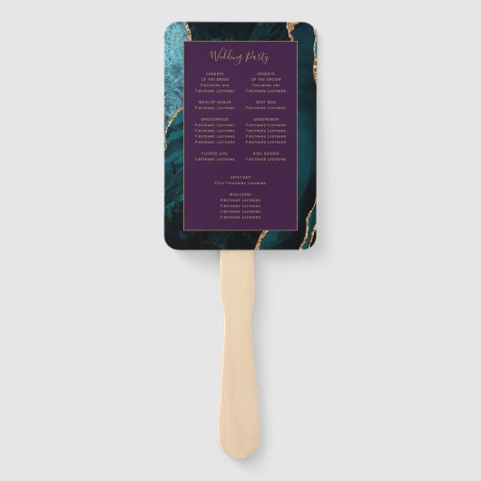 Blauwgroen Gold Agaat Paarse bruiloft programma Handwaaier (Achterkant)